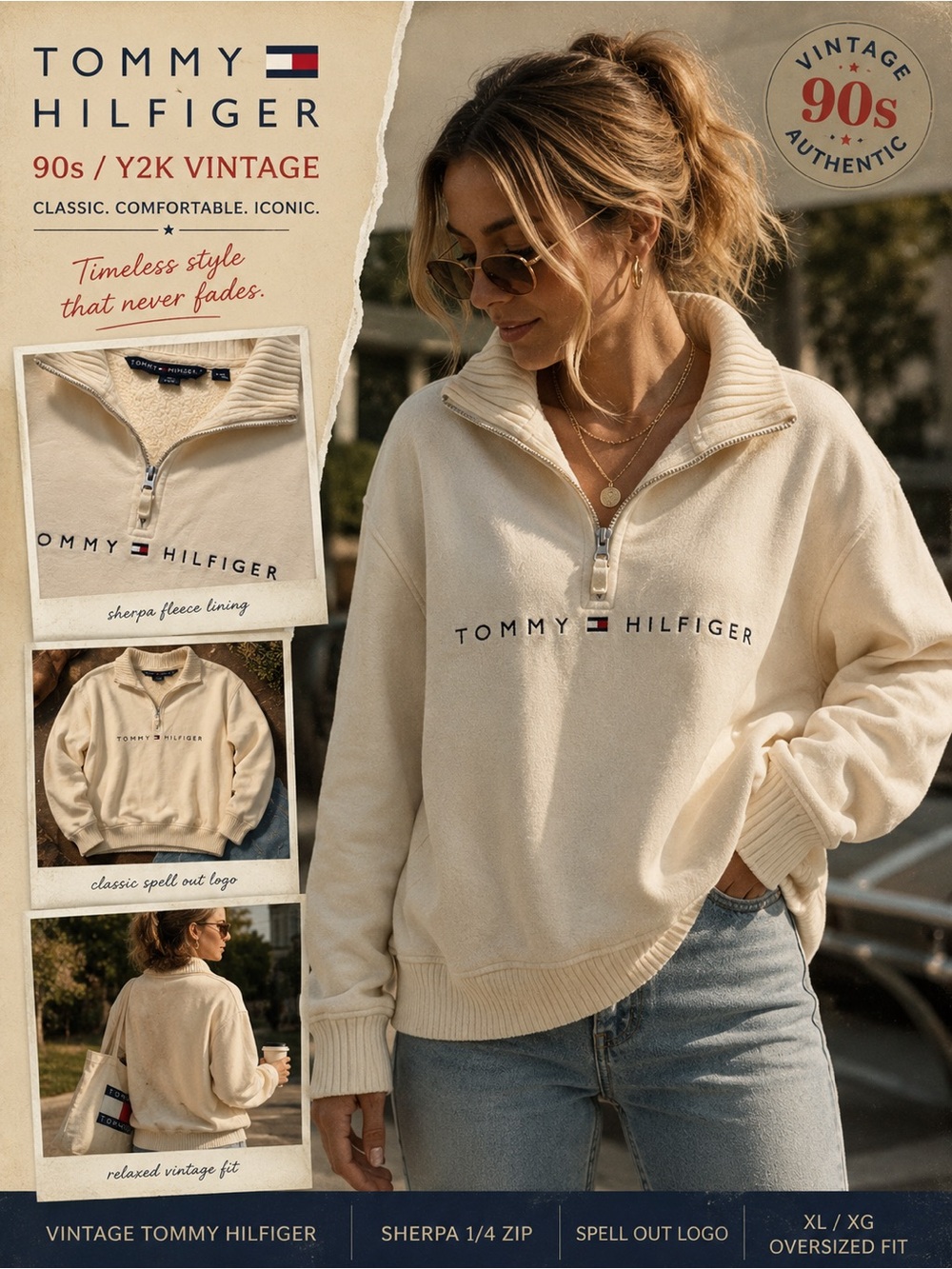 🇺🇸 VINTAGE | Tommy Hilfiger | XL | Cream | Fleece 1/4 Zip Spell-Out | Pullover